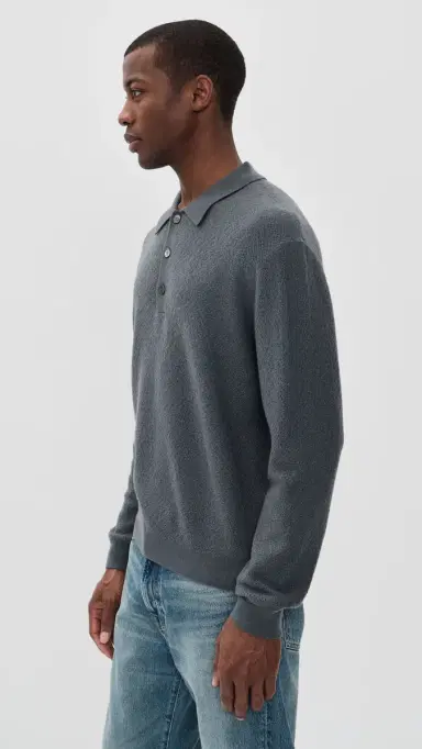 FRAME Long Sleeve Polo Sweater Blue Grey | Thumbnail 4
