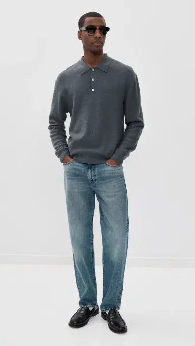 FRAME Long Sleeve Polo Sweater Blue Grey | Thumbnail 5