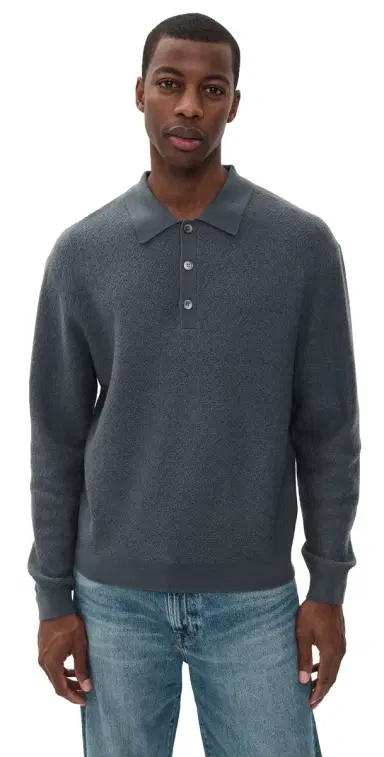 FRAME Long Sleeve Polo Sweater Blue Grey | Thumbnail 1