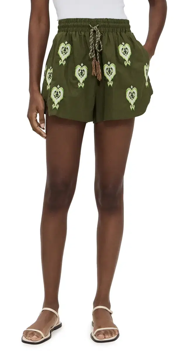 Heart Tapestry Embroidered Shorts Green