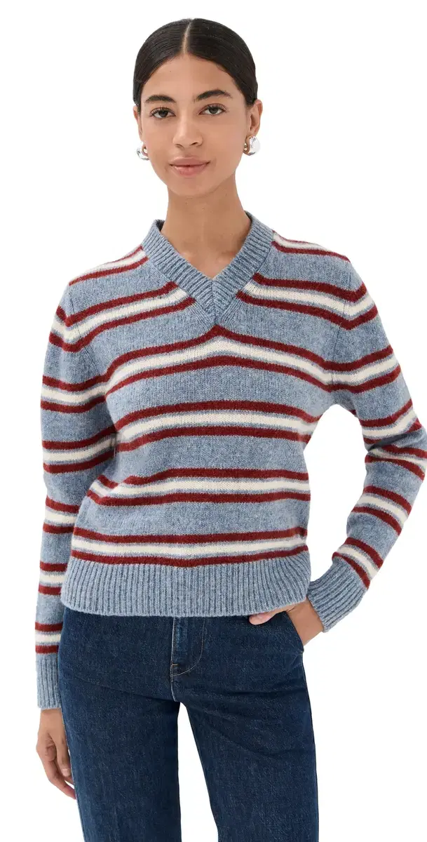 & hetland tripe V Neck Pale Blue tripe