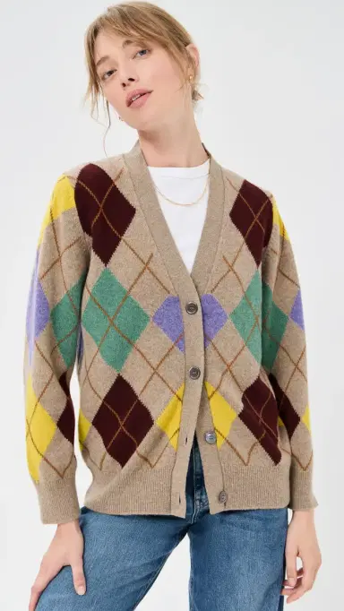 Daughter & Argyle Grandad ambswool Cardigan Dark Natural With Yellow | Thumbnail 2