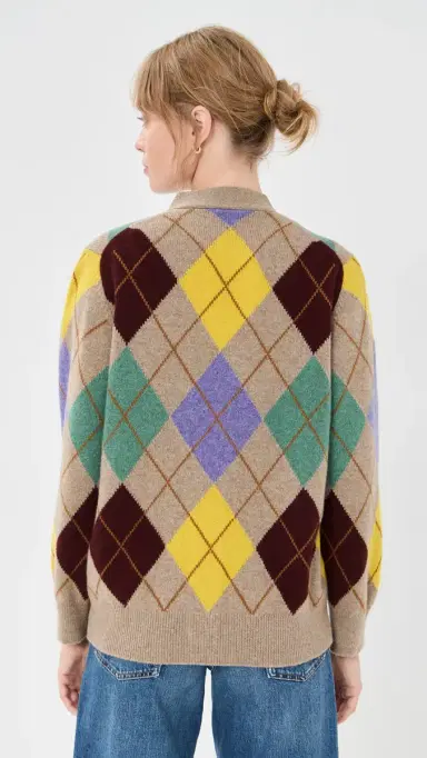 Daughter & Argyle Grandad ambswool Cardigan Dark Natural With Yellow | Thumbnail 3