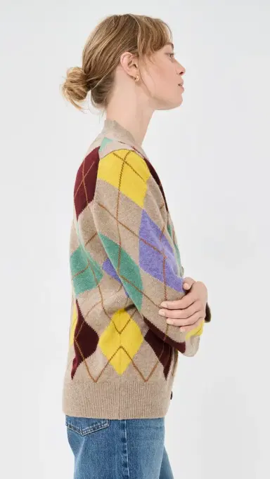 Daughter & Argyle Grandad ambswool Cardigan Dark Natural With Yellow | Thumbnail 4