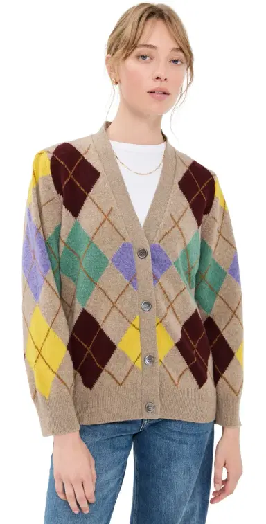Daughter & Argyle Grandad ambswool Cardigan Dark Natural With Yellow | Thumbnail 1