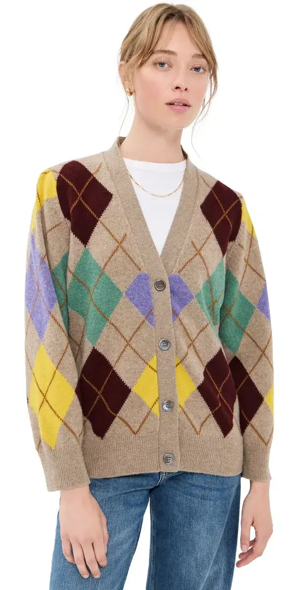 Daughter & Argyle Grandad ambswool Cardigan Dark Natural With Yellow