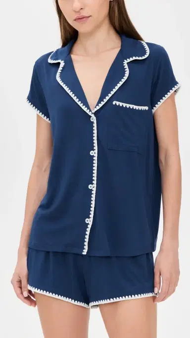 Eberjey The Frida Whip Stitch Short Pajama Set Navy/Ivory S | Thumbnail 2