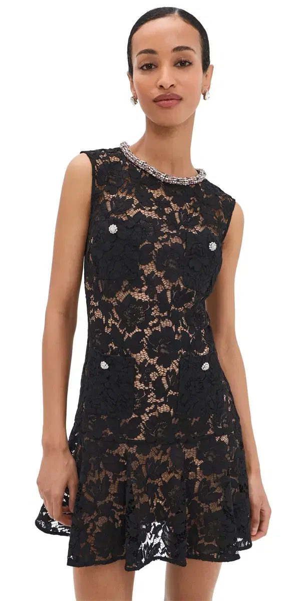 Black Lace Crystal Mini Dress Black