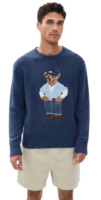 Polo Ralph Lauren Original Label Cotton Linen Denim Bear Crewneck Sweater ight Navy | Thumbnail 1 Polo Ralph Lauren Original Label Cotton Linen Denim Bear Crewneck Sweater ight Navy | Thumbnail 1