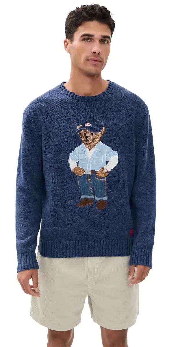 Polo Ralph Lauren Original abel Cotton inen Denim Bear Crewneck Sweater ight Navy