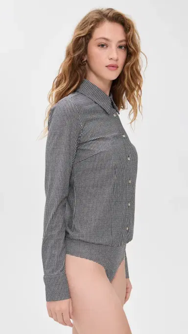 Commando Classic Print Button Down Thong Bodysuit Houndstooth Espresso M | Thumbnail 4