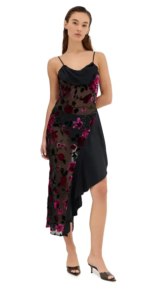 Floral Devor Slip Dress with Satin Detail Black And Pink