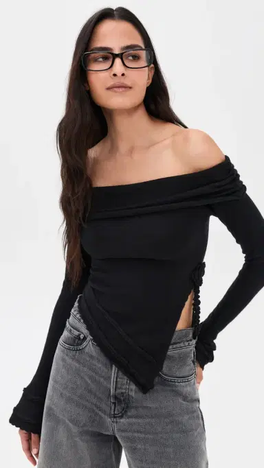 GUIZIO Soler Fold Over Knit Top Black | Thumbnail 2