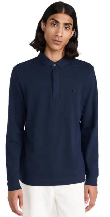 Lacoste Long Sleeve Stretch Cotton Paris Polo Navy Blue | Thumbnail 1
