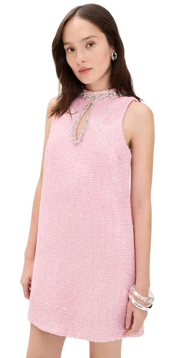 Rhinestone ini Tweed Dress Pink