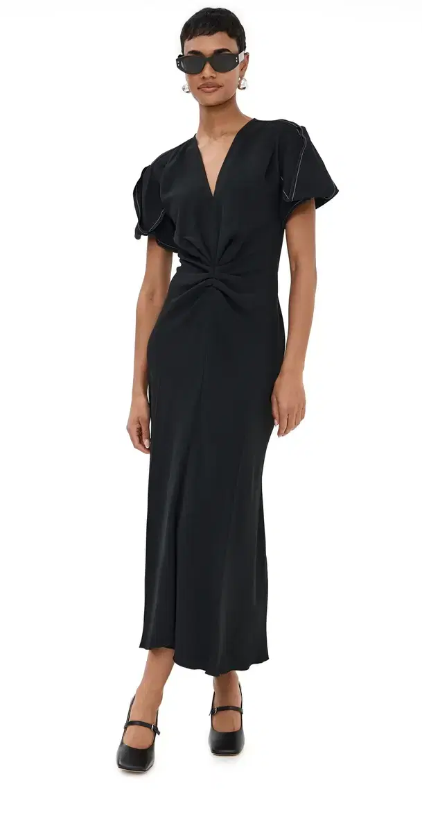 Gathered V Neck Midi Dress Black