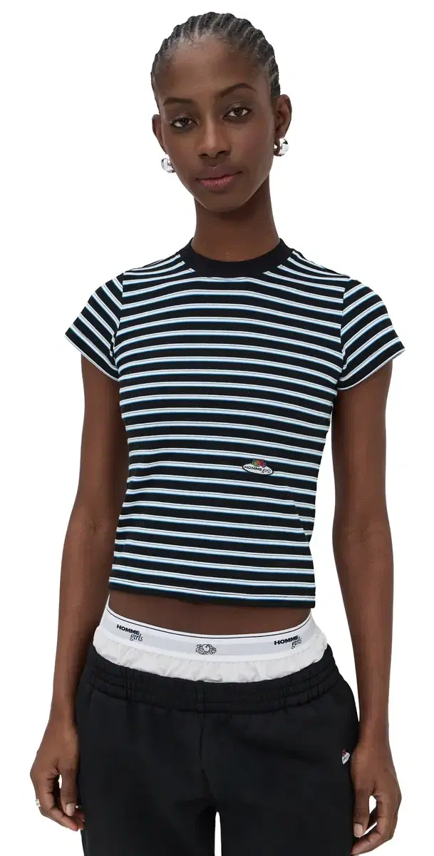 Homme Girls x Fruit of the Loom triped Baby Tee Black Blue tripe