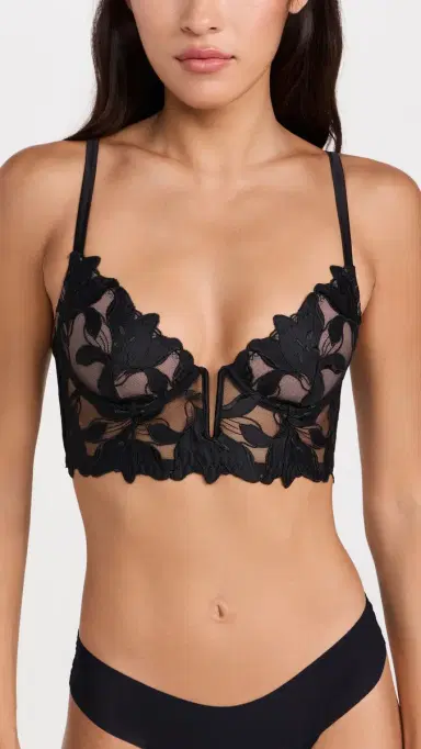 Fleur du Mal Lily Embroidery Longline Demi Bra Black 32B | Thumbnail 2