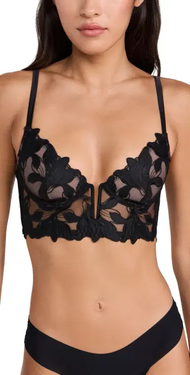 Fleur du Mal Lily Embroidery Longline Demi Bra Black 32B | Thumbnail 1