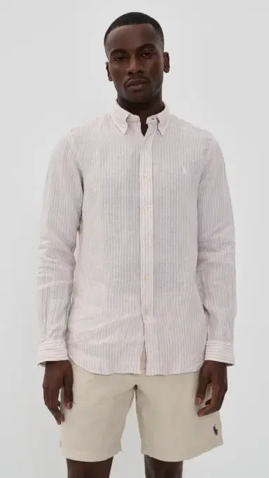 Polo Ralph Lauren triped Linen Button Down Shirt Coastal Beige White | Thumbnail 2