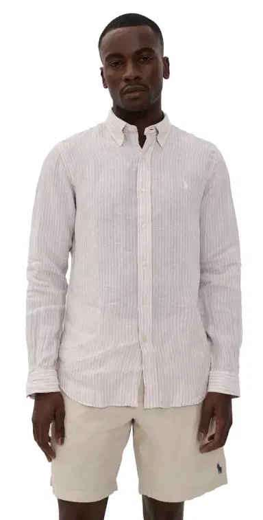 Polo Ralph Lauren triped Linen Button Down Shirt Coastal Beige White | Thumbnail 1