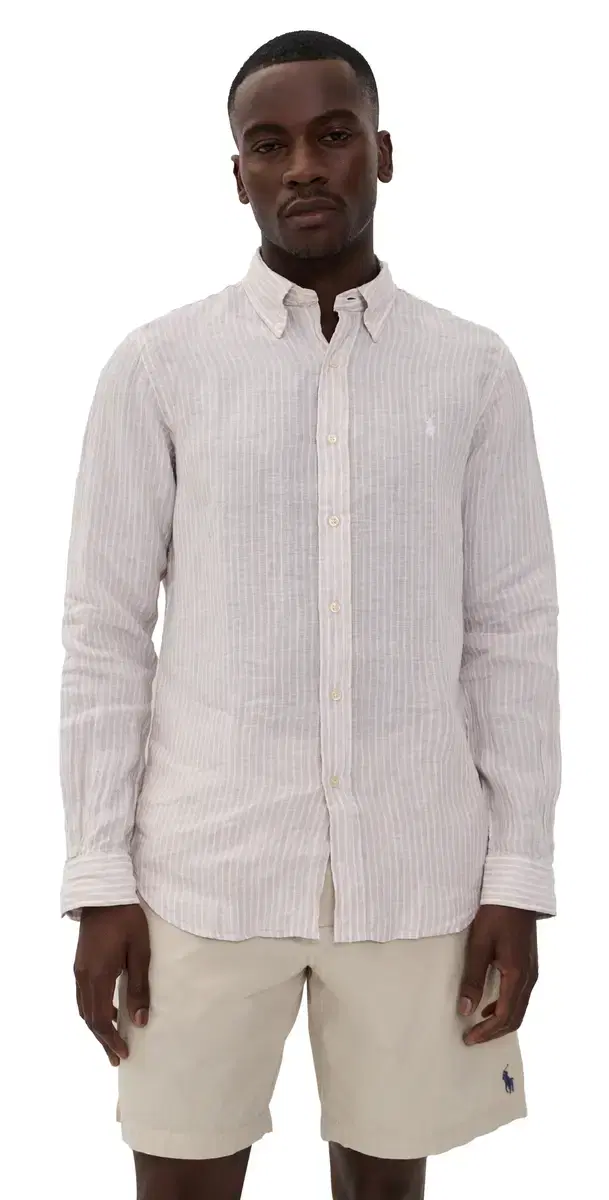 Polo Ralph Lauren triped Linen Button Down hirt Coastal Beige White