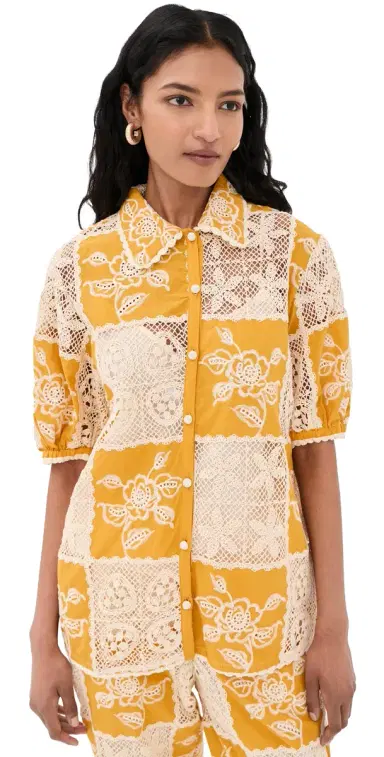 FARM Rio Lace Short Sleeve Shirt Off-White | Thumbnail 1