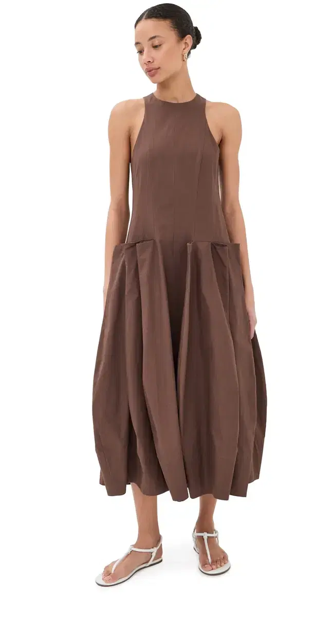 Tibi Compact Poplin Pinched Pleat Dress Sepia Brown