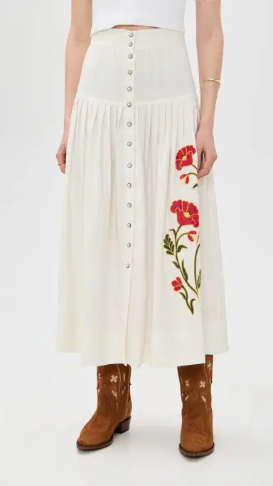 The Great. THE GREAT x Stetson The Western Embroidered Highland Skirt Cream w/ Chambray Mix Multi | Thumbnail 2