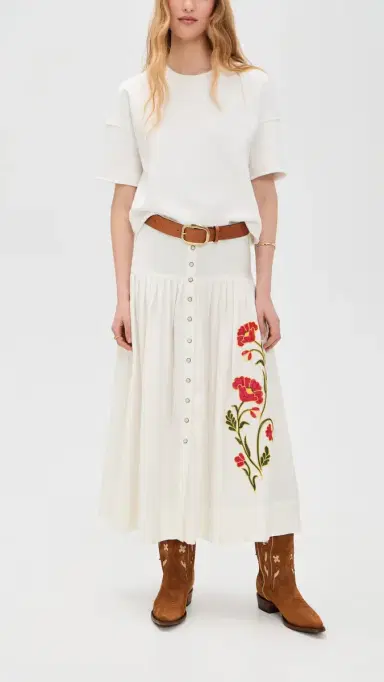 The Great. THE GREAT x Stetson The Western Embroidered Highland Skirt Cream w/ Chambray Mix Multi | Thumbnail 5