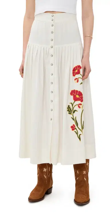 The Great. THE GREAT x Stetson The Western Embroidered Highland Skirt Cream w/ Chambray Mix Multi | Thumbnail 1