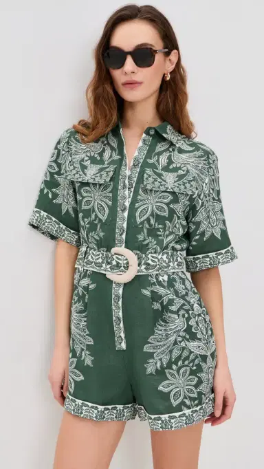 Farm Rio Miranda Short Sleeve Linen Romper Miranda Dark Green | Thumbnail 2