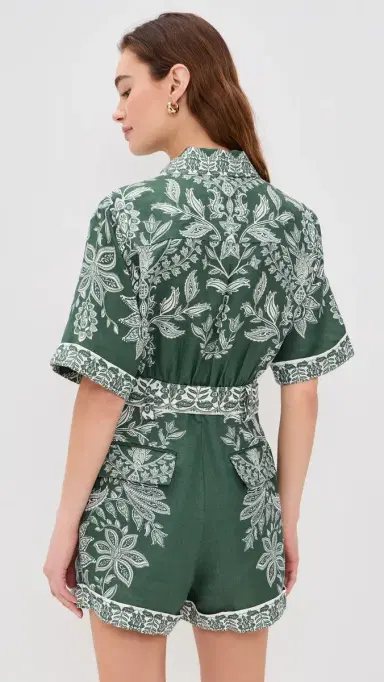 Farm Rio Miranda Short Sleeve Linen Romper Miranda Dark Green | Thumbnail 3