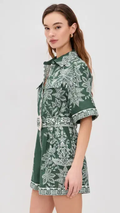Farm Rio Miranda Short Sleeve Linen Romper Miranda Dark Green | Thumbnail 4