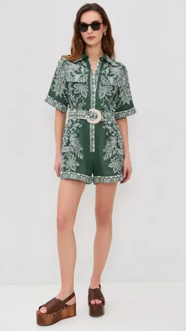 Farm Rio Miranda Short Sleeve Linen Romper Miranda Dark Green | Thumbnail 5