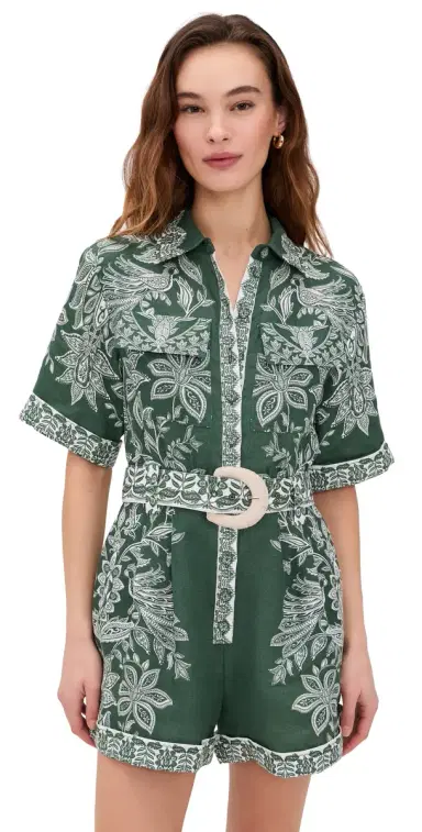 Farm Rio Miranda Short Sleeve Linen Romper Miranda Dark Green | Thumbnail 1