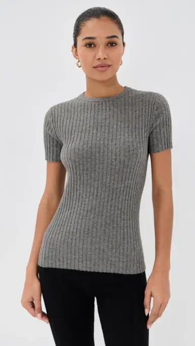 The Elder Statesman Cashmere Rib Knit Tee Heather Grey | Thumbnail 2