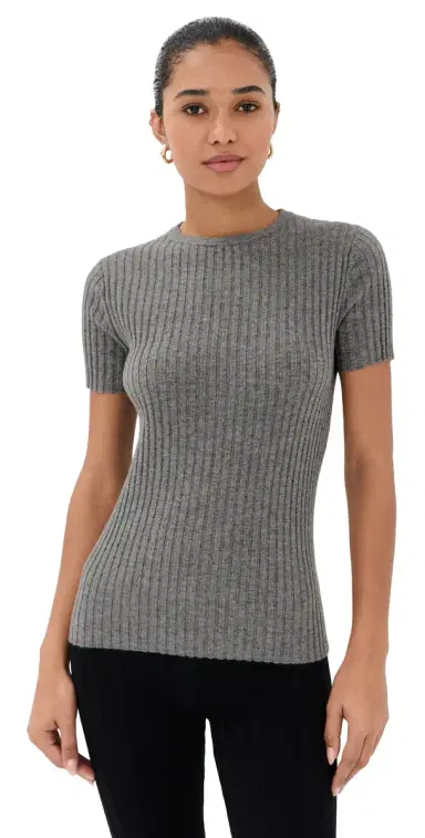 The Elder Statesman Cashmere Rib Knit Tee Heather Grey | Thumbnail 1