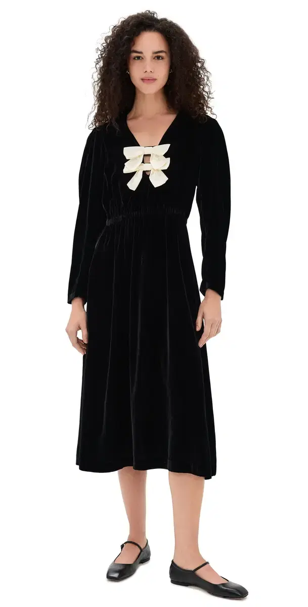 eraphine Velvet Long leeve Midi Dress Black