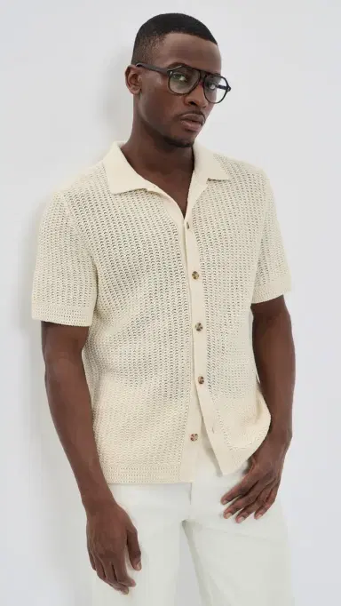 Vince Crochet Short Sleeve Button Down Shirt Bone | Thumbnail 2