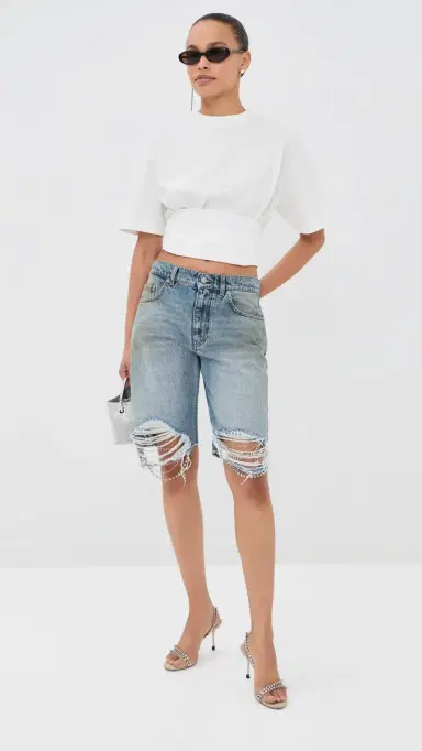 AREA Crystal Fray Jean Shorts Medium Blue | Thumbnail 2