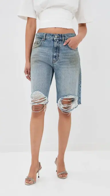 AREA Crystal Fray Jean Shorts Medium Blue | Thumbnail 3