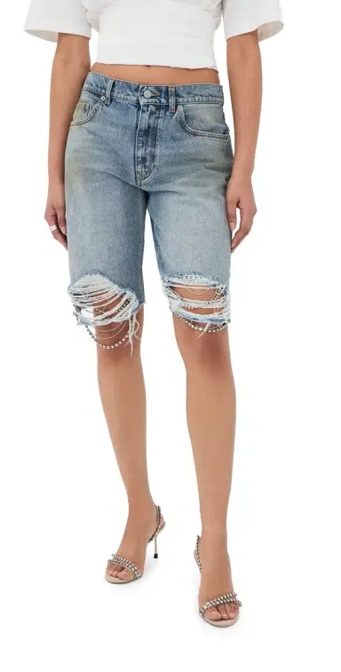 AREA Crystal Fray Jean Shorts Medium Blue | Thumbnail 1