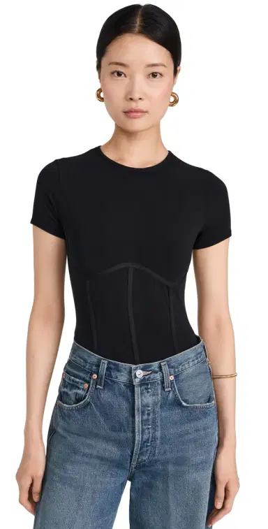 Fleur du Mal Cotton T-Shirt Thong Bodysuit Black | Thumbnail 1