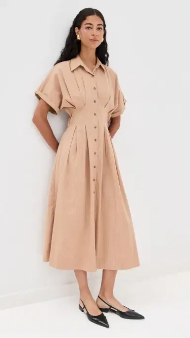 LE BOP Roberta Button Down Dress Camel Pinstripe L | Thumbnail 2