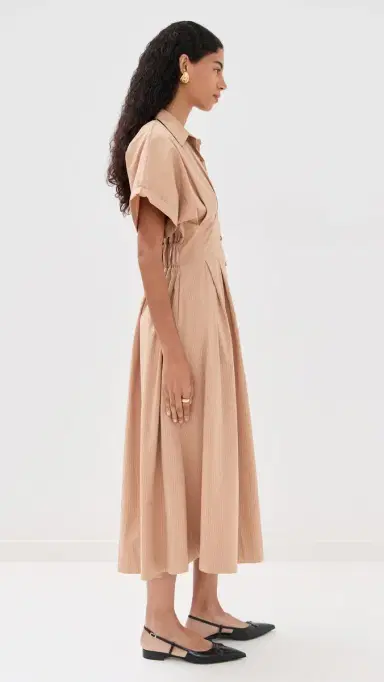 LE BOP Roberta Button Down Dress Camel Pinstripe L | Thumbnail 4