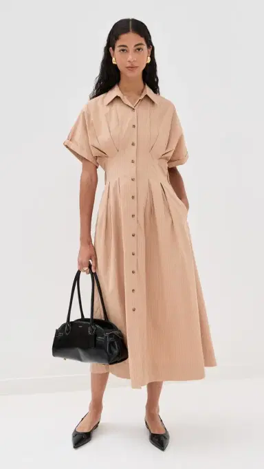 LE BOP Roberta Button Down Dress Camel Pinstripe L | Thumbnail 5
