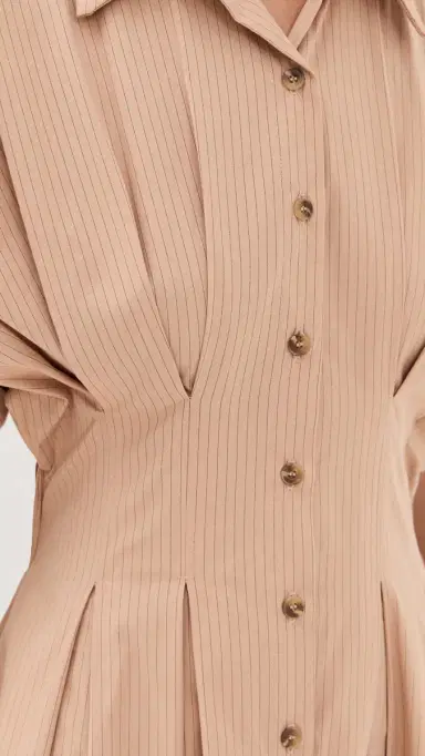 LE BOP Roberta Button Down Dress Camel Pinstripe L | Thumbnail 6
