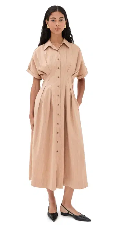 LE BOP Roberta Button Down Dress Camel Pinstripe L | Thumbnail 1