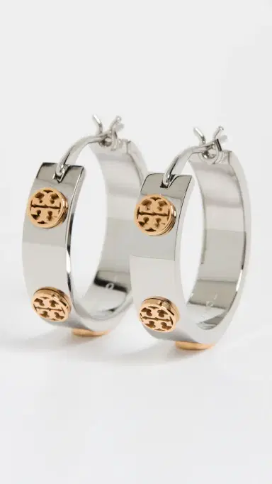 Tory Burch Thin Icon Hoop Earrings Tory Silver/Tory Gold One Size | Thumbnail 2